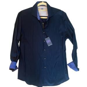 Nwt Michelsons London Navy Blue Button Down w/ Paisley details Slim fit stretch.